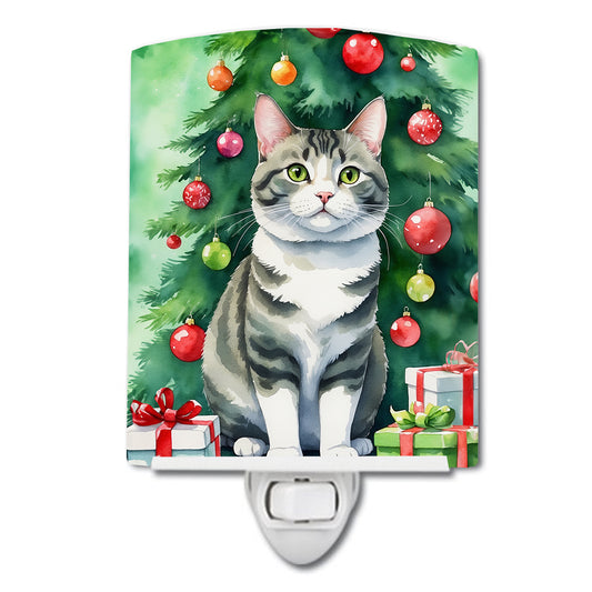 Buy this Korean Bobtail Cat By the Christmas Tree Ceramic Night Light