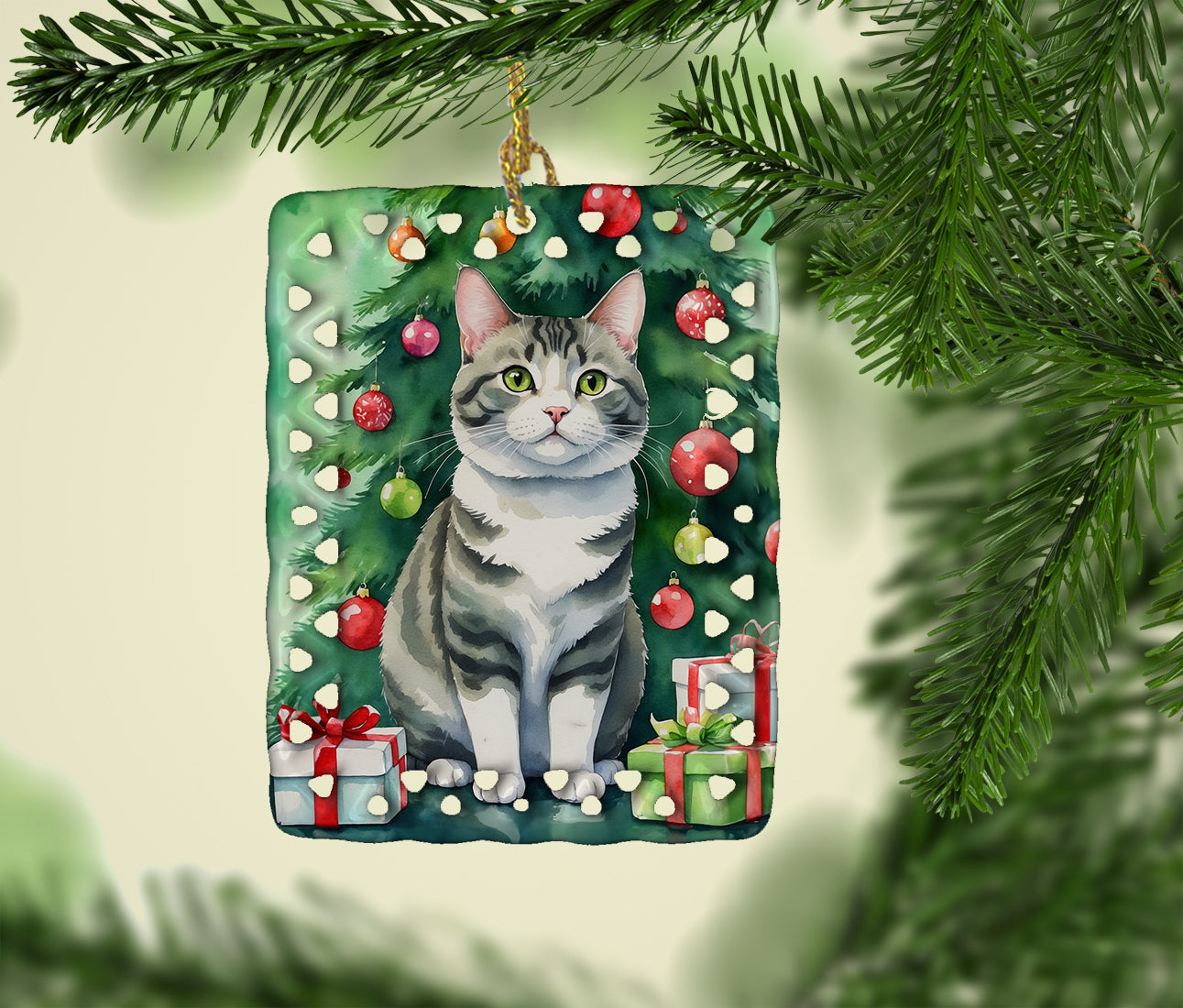 Korean Bobtail Cat By the Christmas Tree Porcelain Ornament