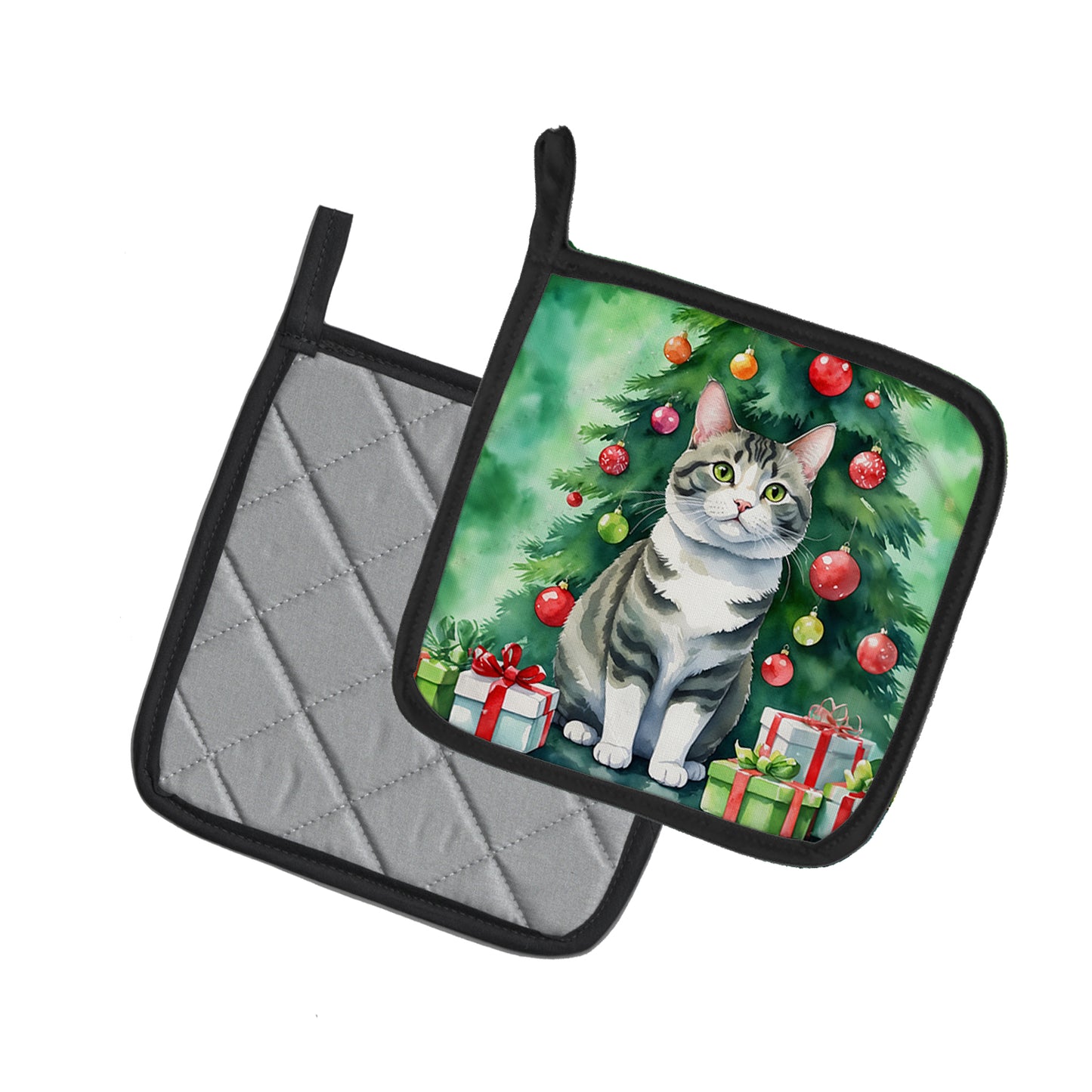Korean Bobtail Cat By the Christmas Tree Pair of Pot Holders