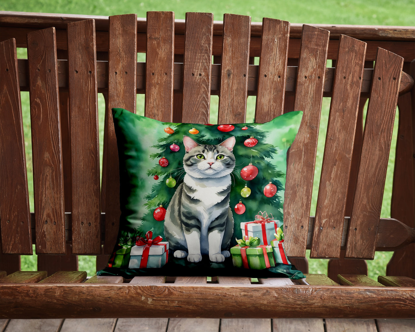 Korean Bobtail Cat By the Christmas Tree Throw Pillow