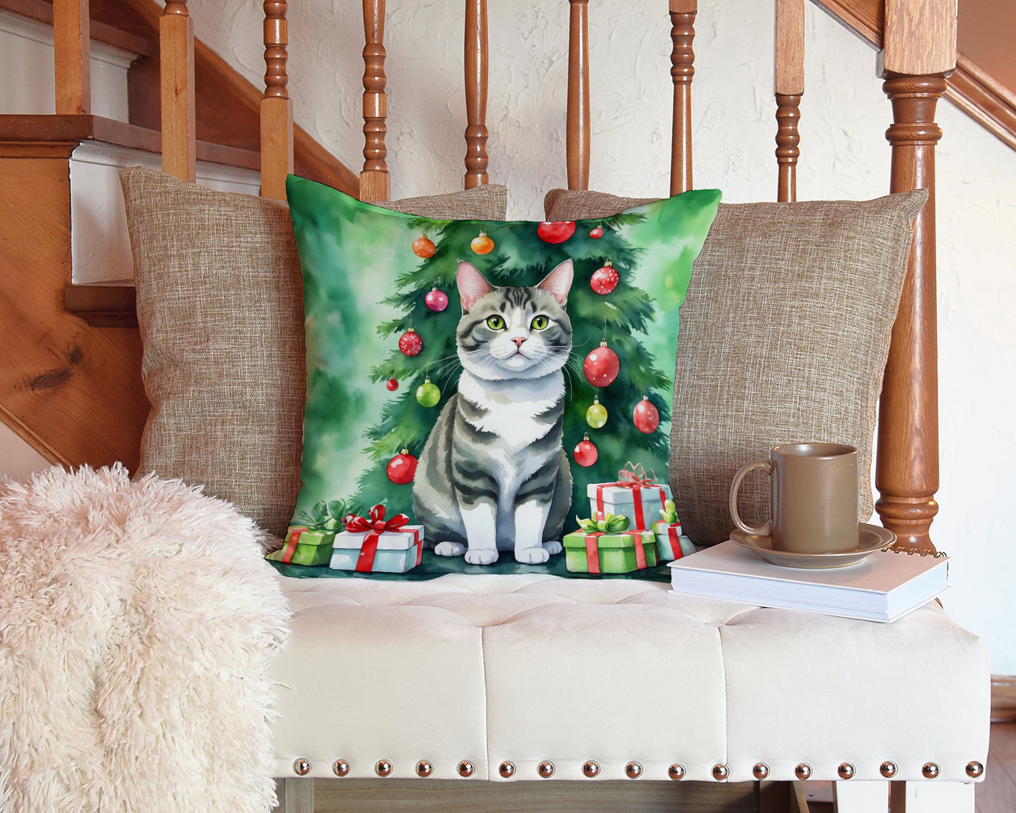 Korean Bobtail Cat By the Christmas Tree Throw Pillow