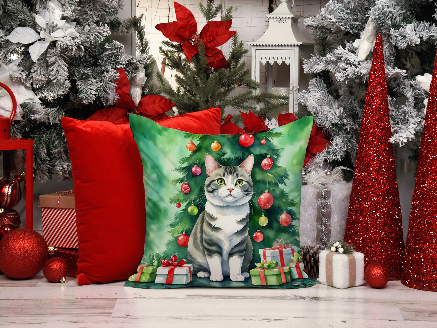 Korean Bobtail Cat By the Christmas Tree Throw Pillow