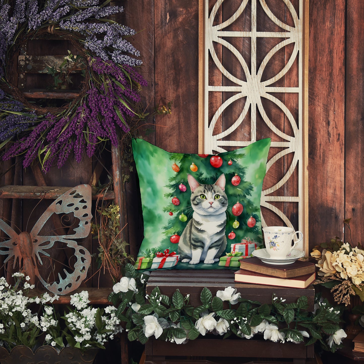 Korean Bobtail Cat By the Christmas Tree Throw Pillow