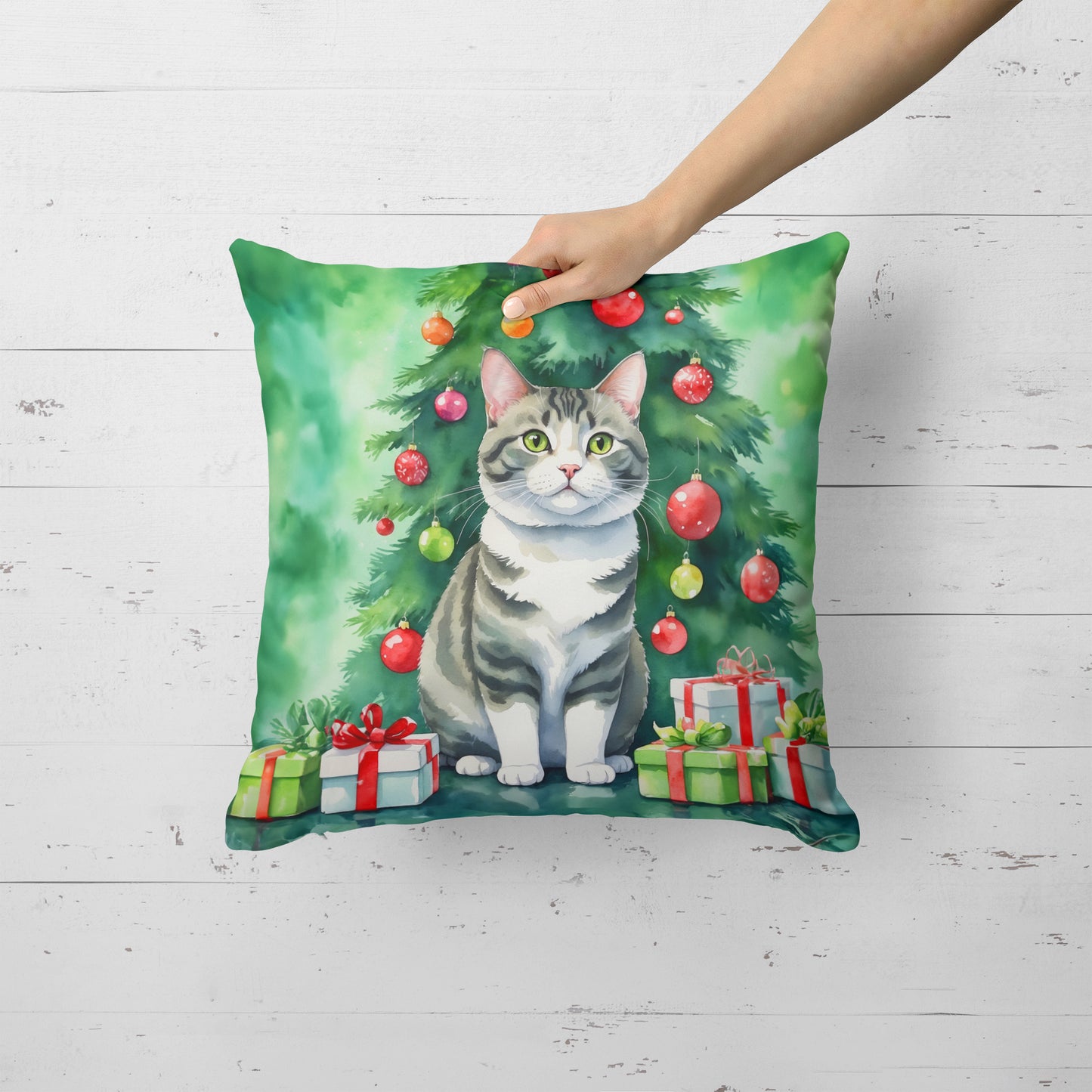 Korean Bobtail Cat By the Christmas Tree Throw Pillow