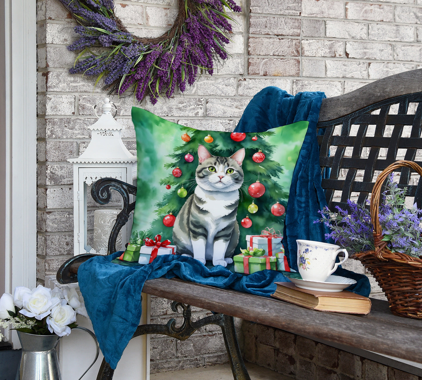 Korean Bobtail Cat By the Christmas Tree Throw Pillow