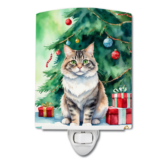 Buy this Kurilian Bobtail Cat By the Christmas Tree Ceramic Night Light