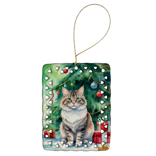 Buy this Kurilian Bobtail Cat By the Christmas Tree Porcelain Ornament
