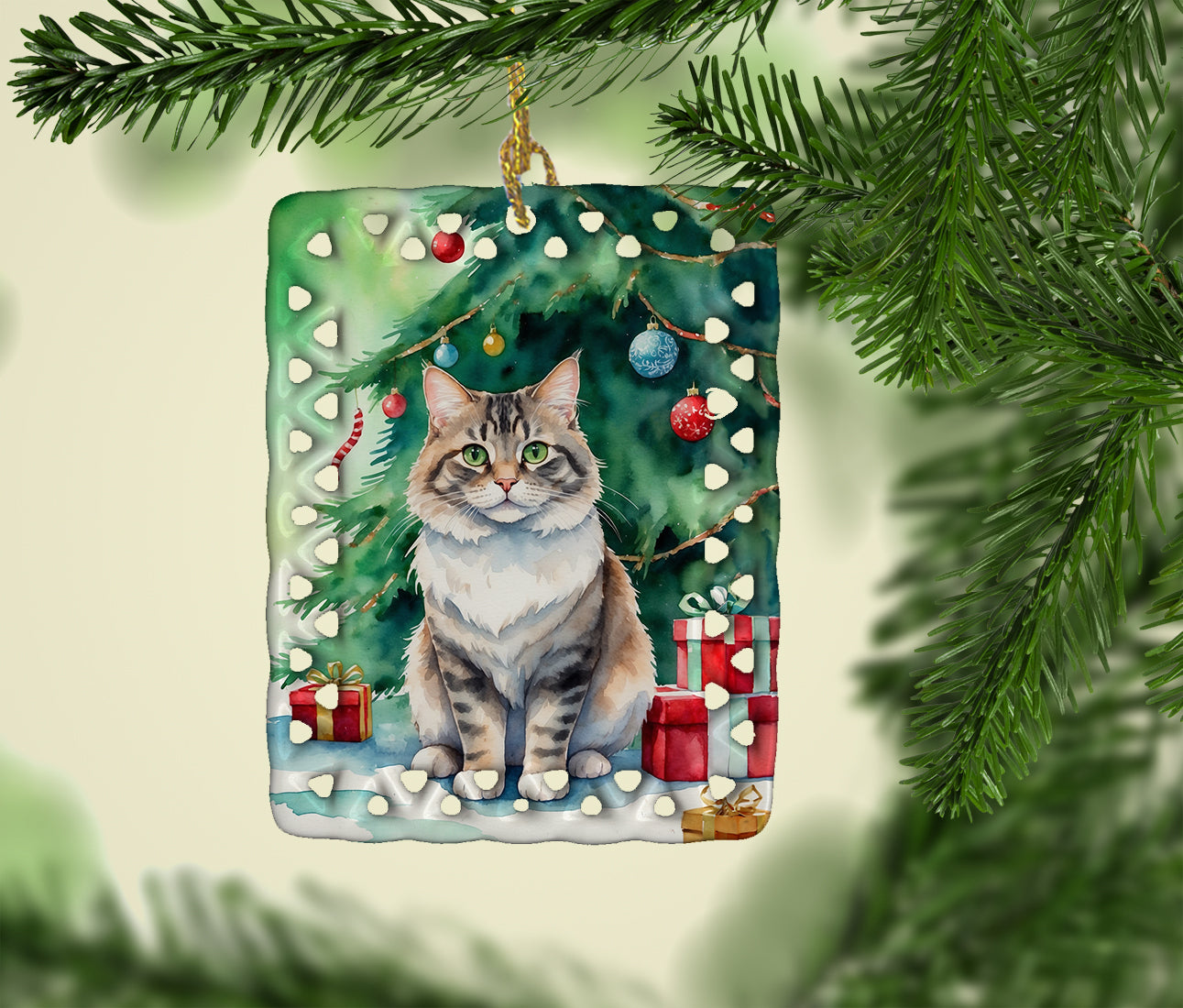 Kurilian Bobtail Cat By the Christmas Tree Porcelain Ornament