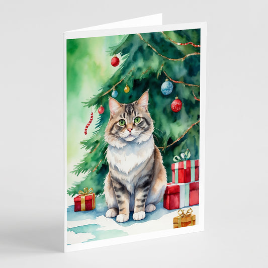 Buy this Kurilian Bobtail Cat By the Christmas Tree Greeting Cards Pack of 8