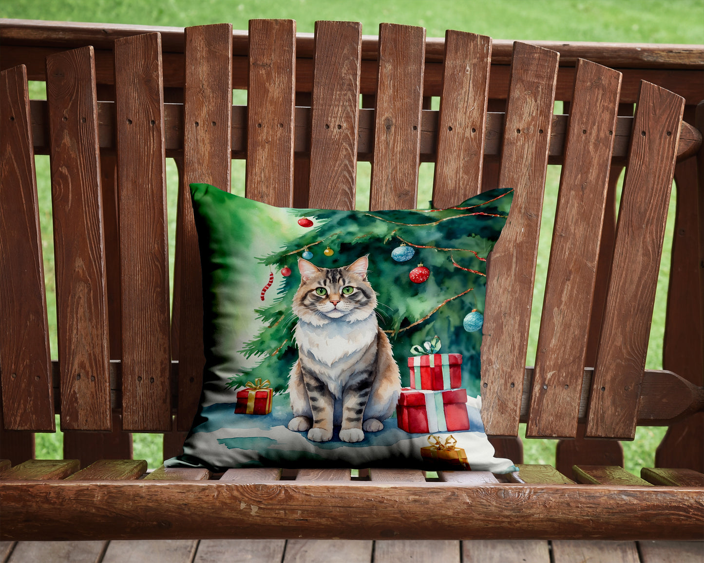Kurilian Bobtail Cat By the Christmas Tree Throw Pillow