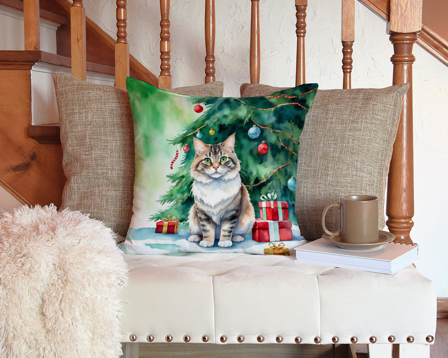 Kurilian Bobtail Cat By the Christmas Tree Throw Pillow