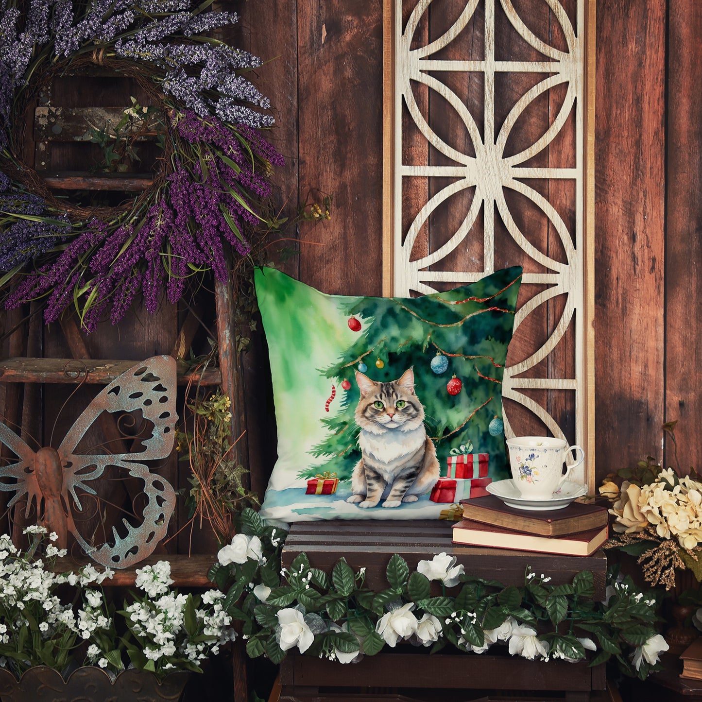 Kurilian Bobtail Cat By the Christmas Tree Throw Pillow