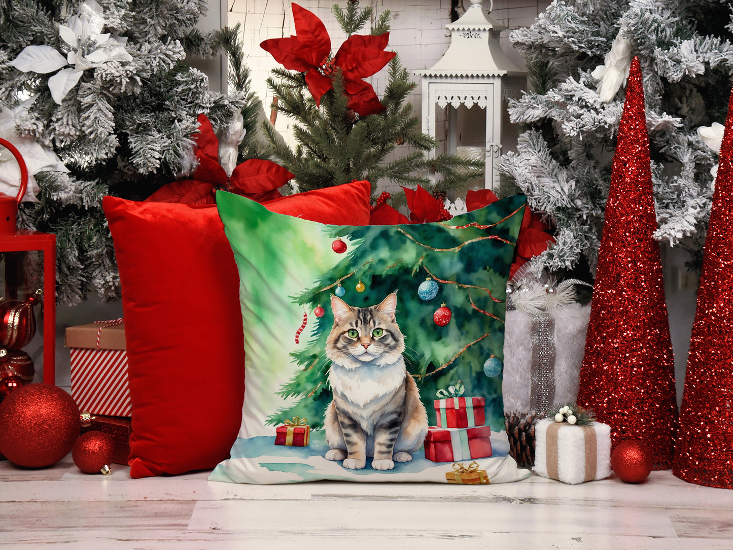 Kurilian Bobtail Cat By the Christmas Tree Throw Pillow