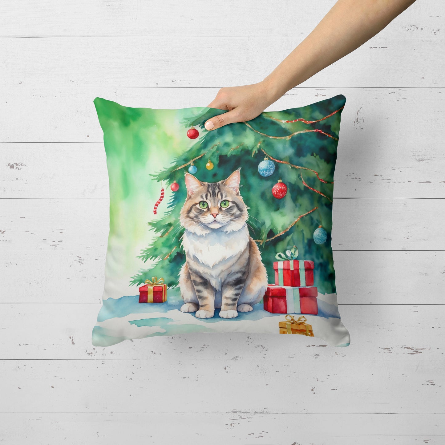 Kurilian Bobtail Cat By the Christmas Tree Throw Pillow