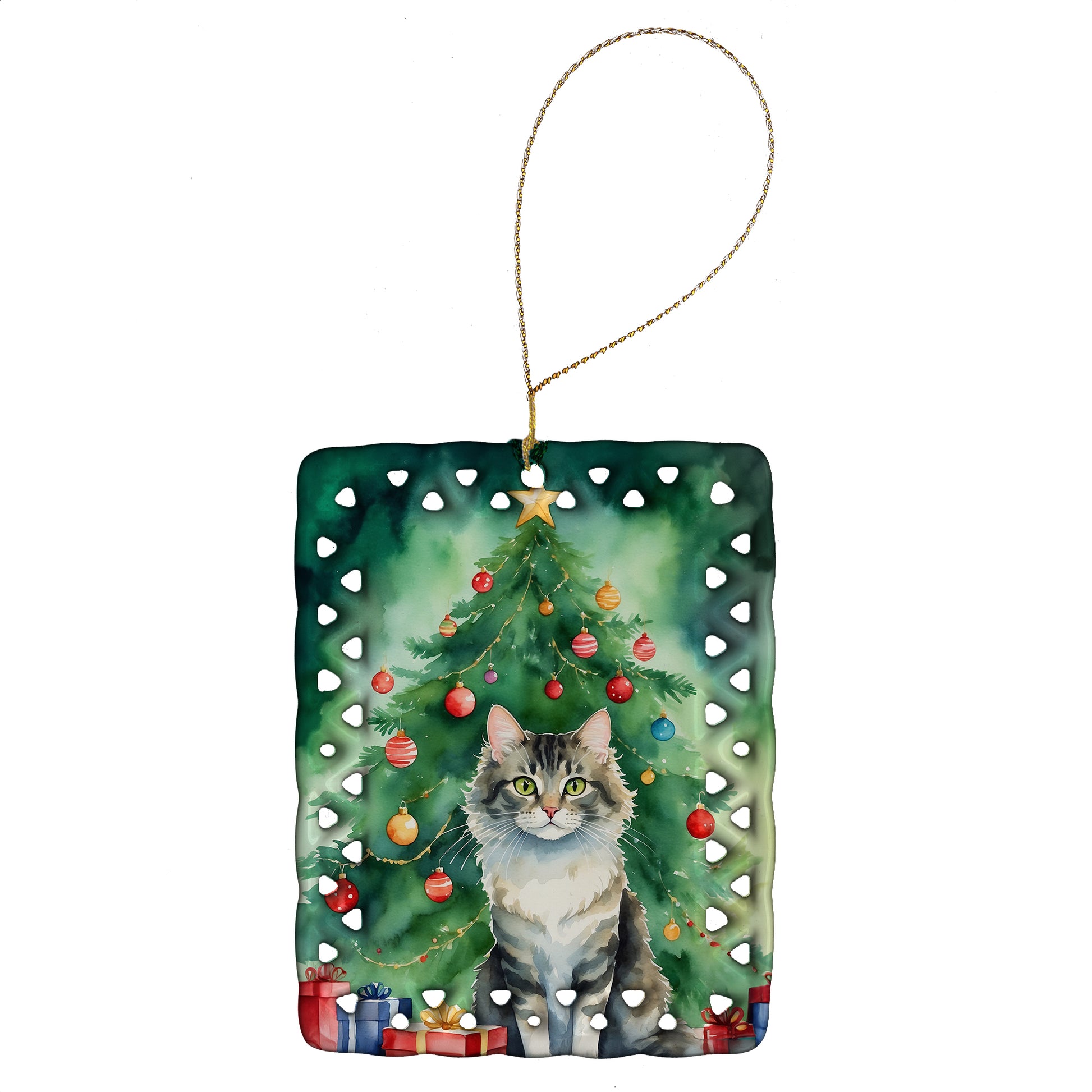 Buy this La Perm Cat By the Christmas Tree Porcelain Ornament