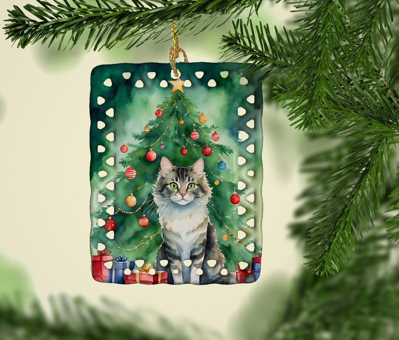 La Perm Cat By the Christmas Tree Porcelain Ornament