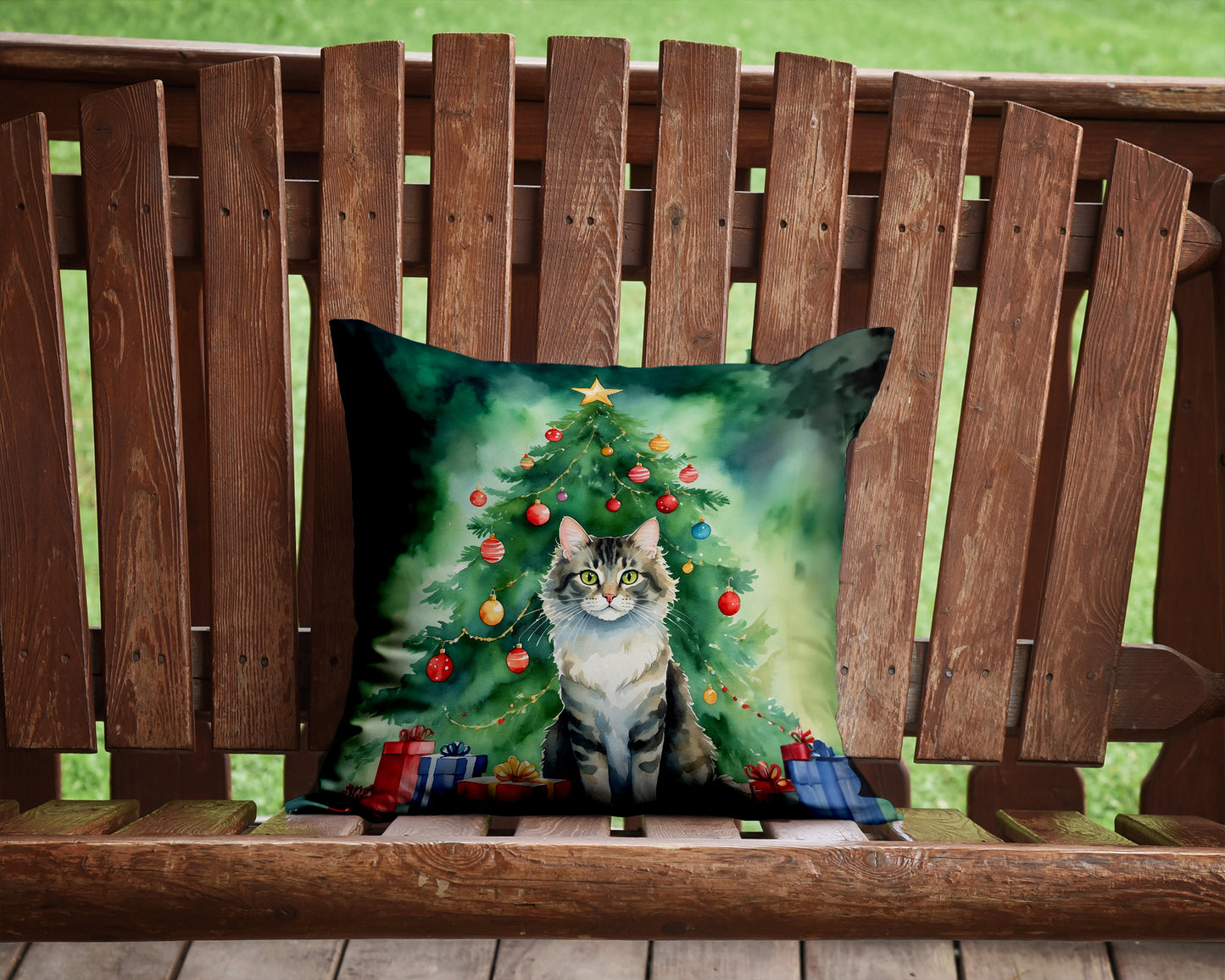 La Perm Cat By the Christmas Tree Throw Pillow