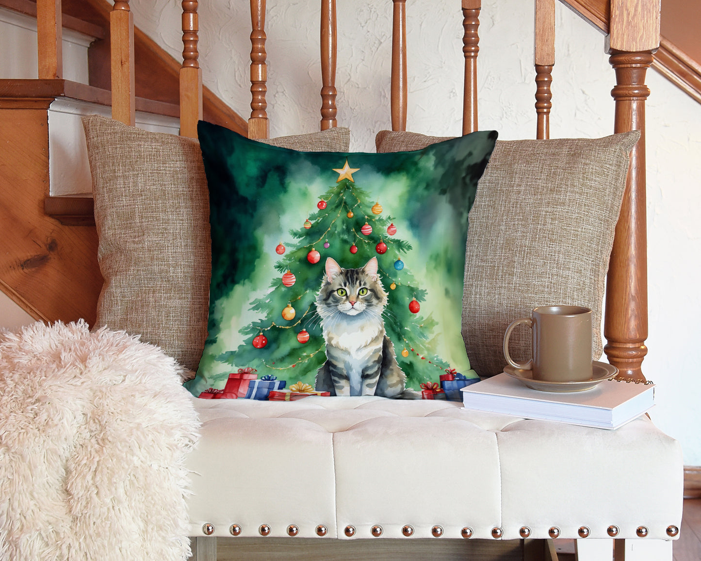 La Perm Cat By the Christmas Tree Throw Pillow