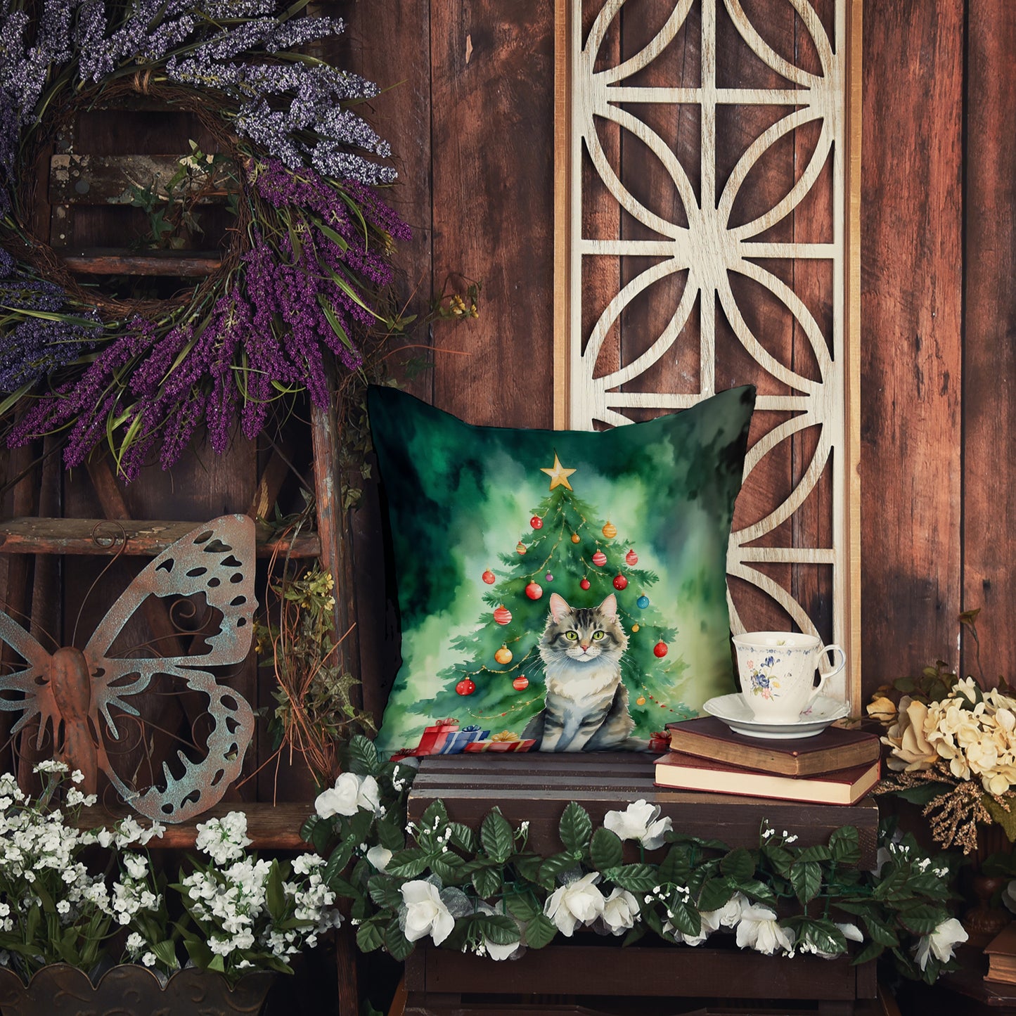 La Perm Cat By the Christmas Tree Throw Pillow