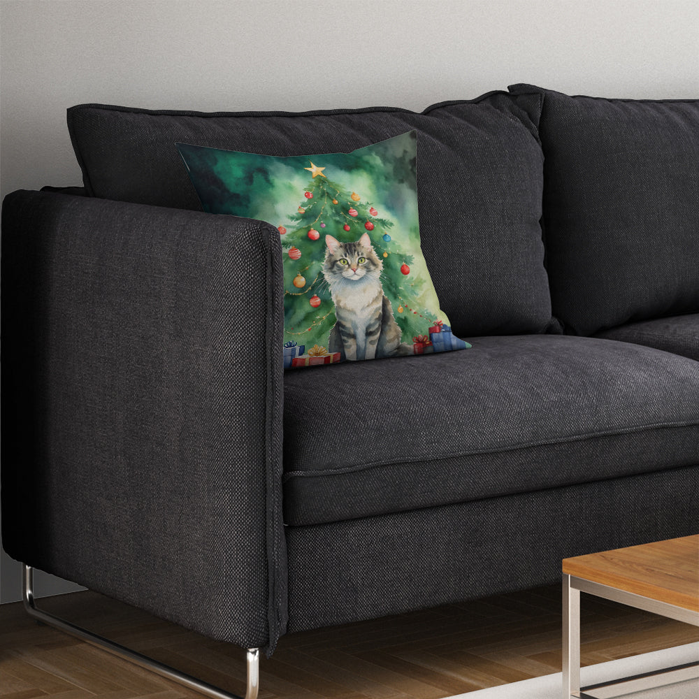 La Perm Cat By the Christmas Tree Throw Pillow