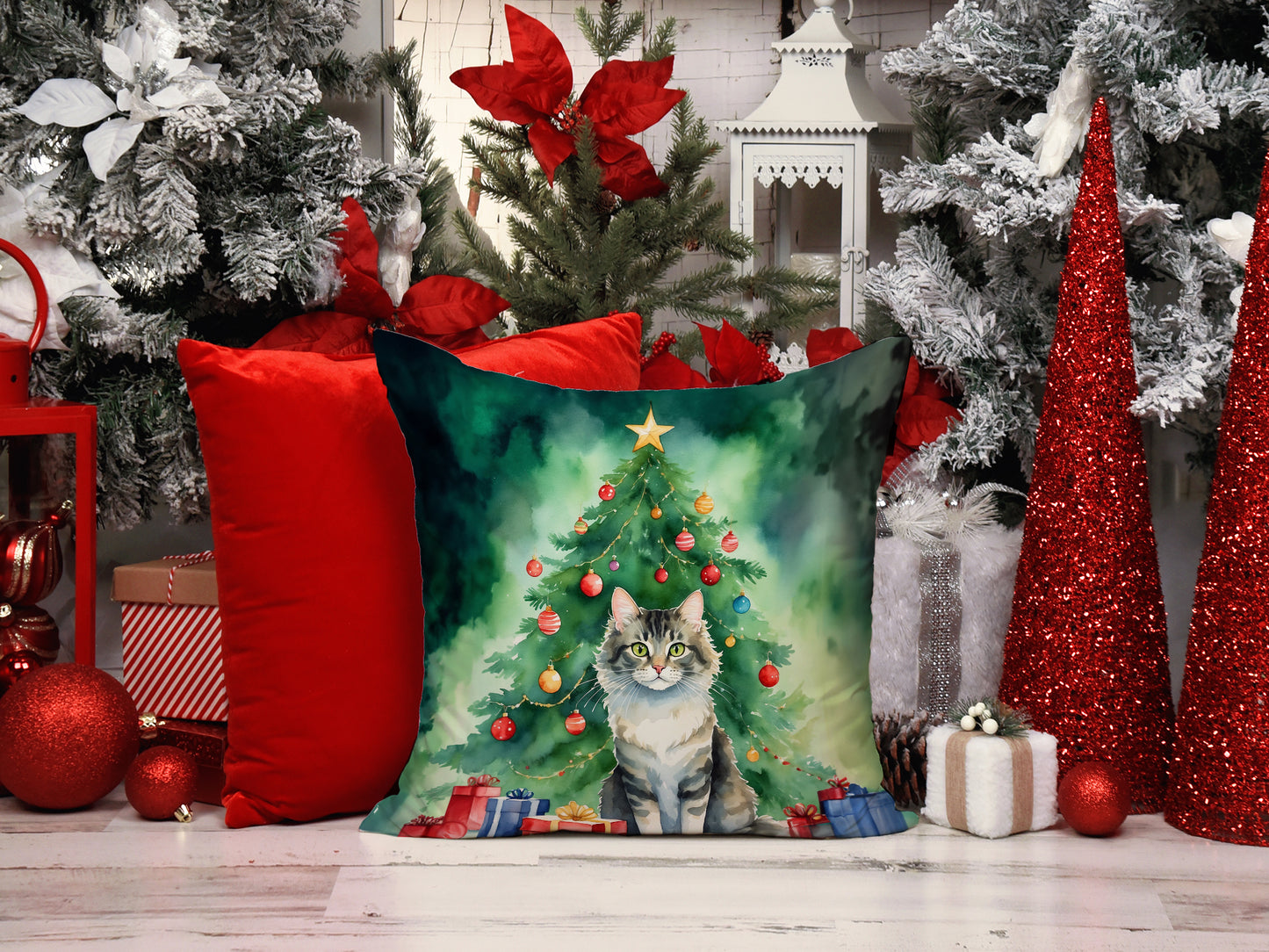 La Perm Cat By the Christmas Tree Throw Pillow