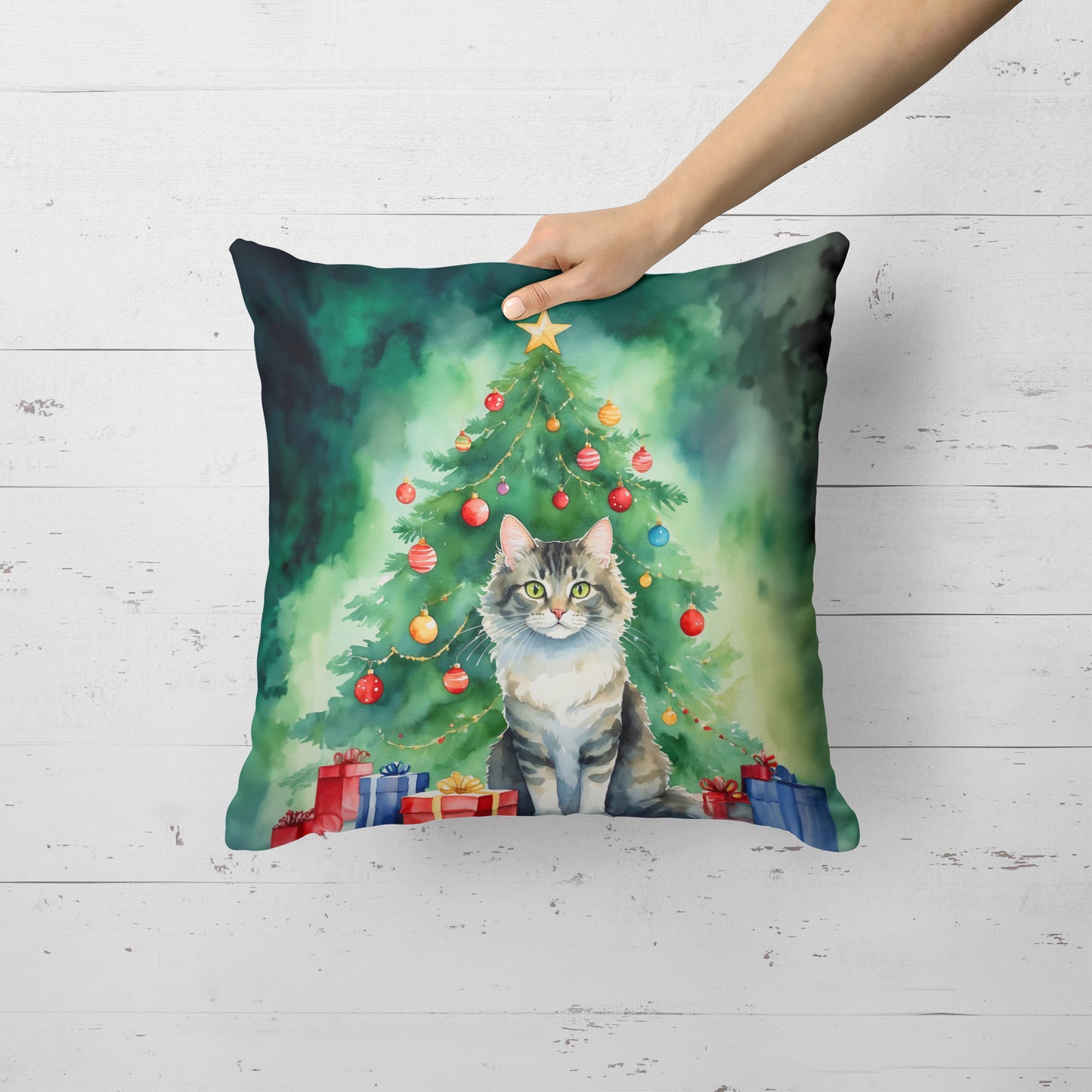 La Perm Cat By the Christmas Tree Throw Pillow