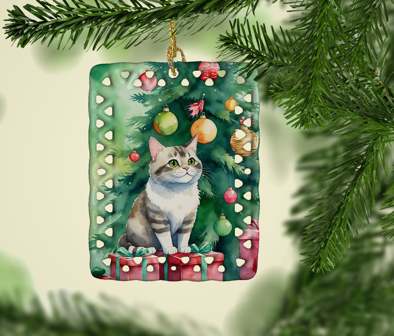 Li Hua Cat By the Christmas Tree Porcelain Ornament