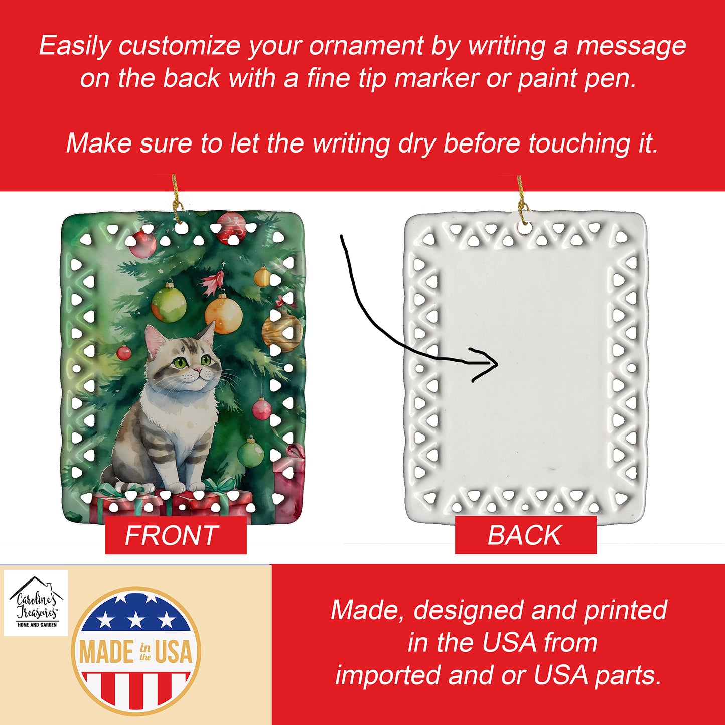 Li Hua Cat By the Christmas Tree Porcelain Ornament