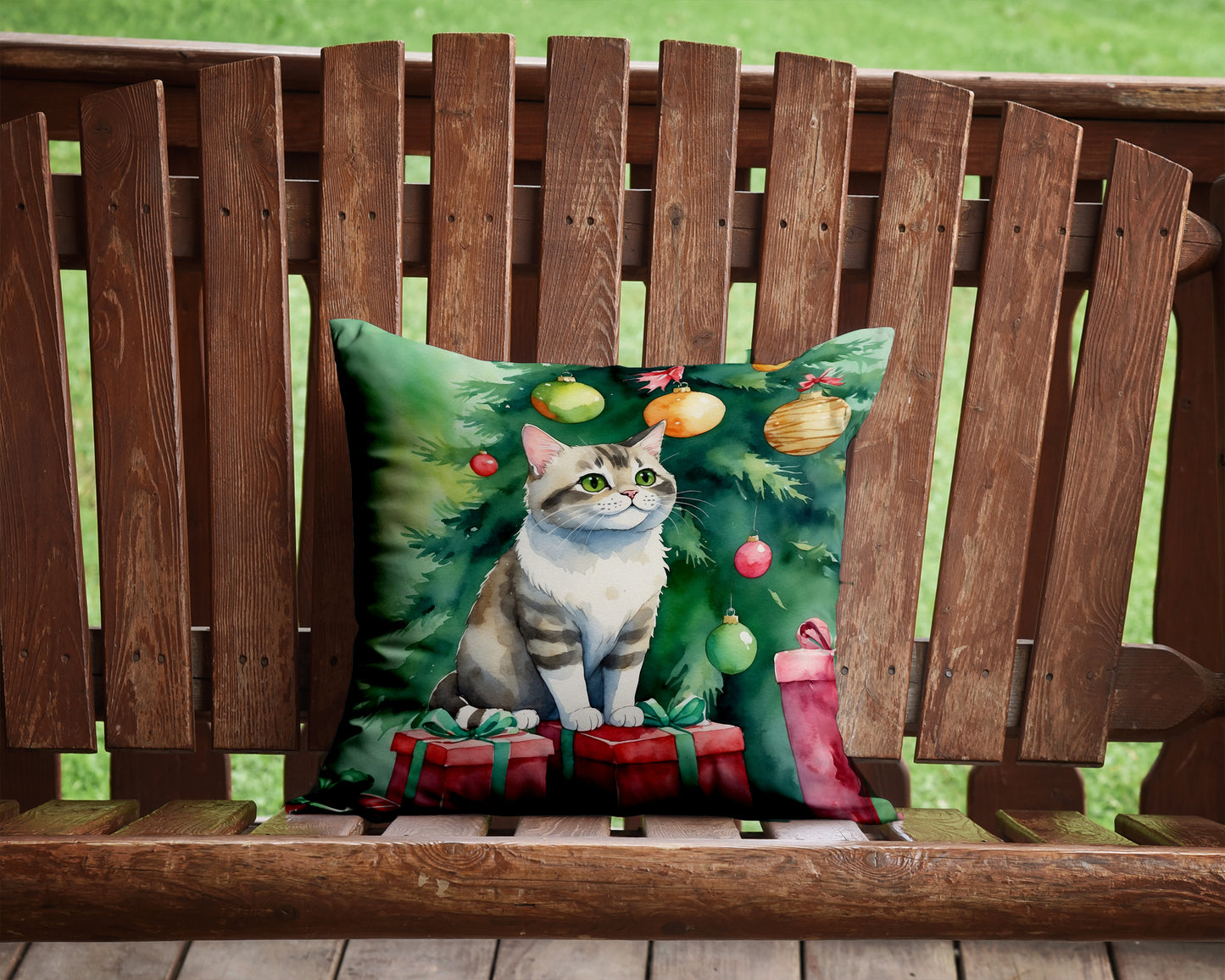 Li Hua Cat By the Christmas Tree Throw Pillow