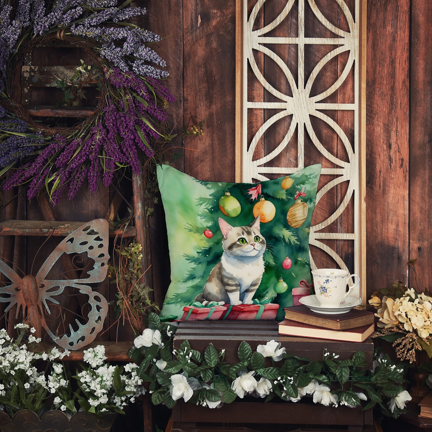 Li Hua Cat By the Christmas Tree Throw Pillow