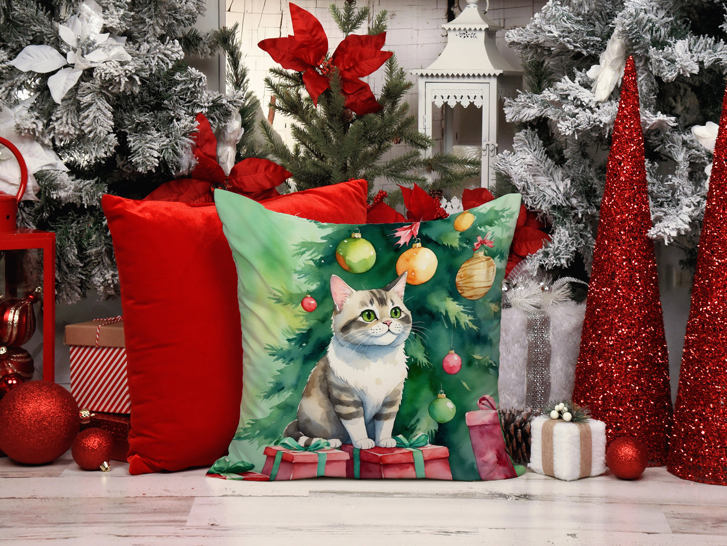 Li Hua Cat By the Christmas Tree Throw Pillow