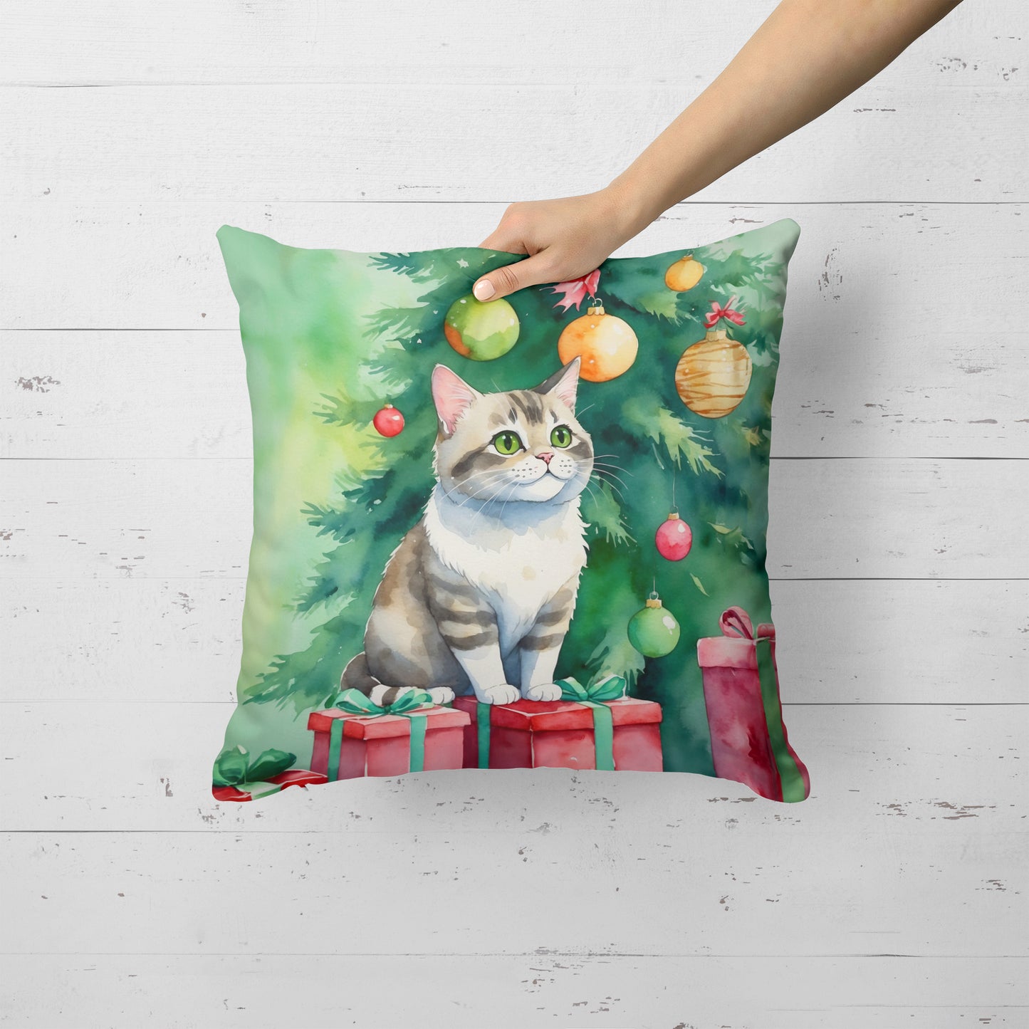 Li Hua Cat By the Christmas Tree Throw Pillow
