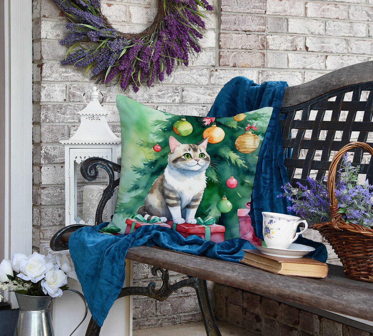 Li Hua Cat By the Christmas Tree Throw Pillow