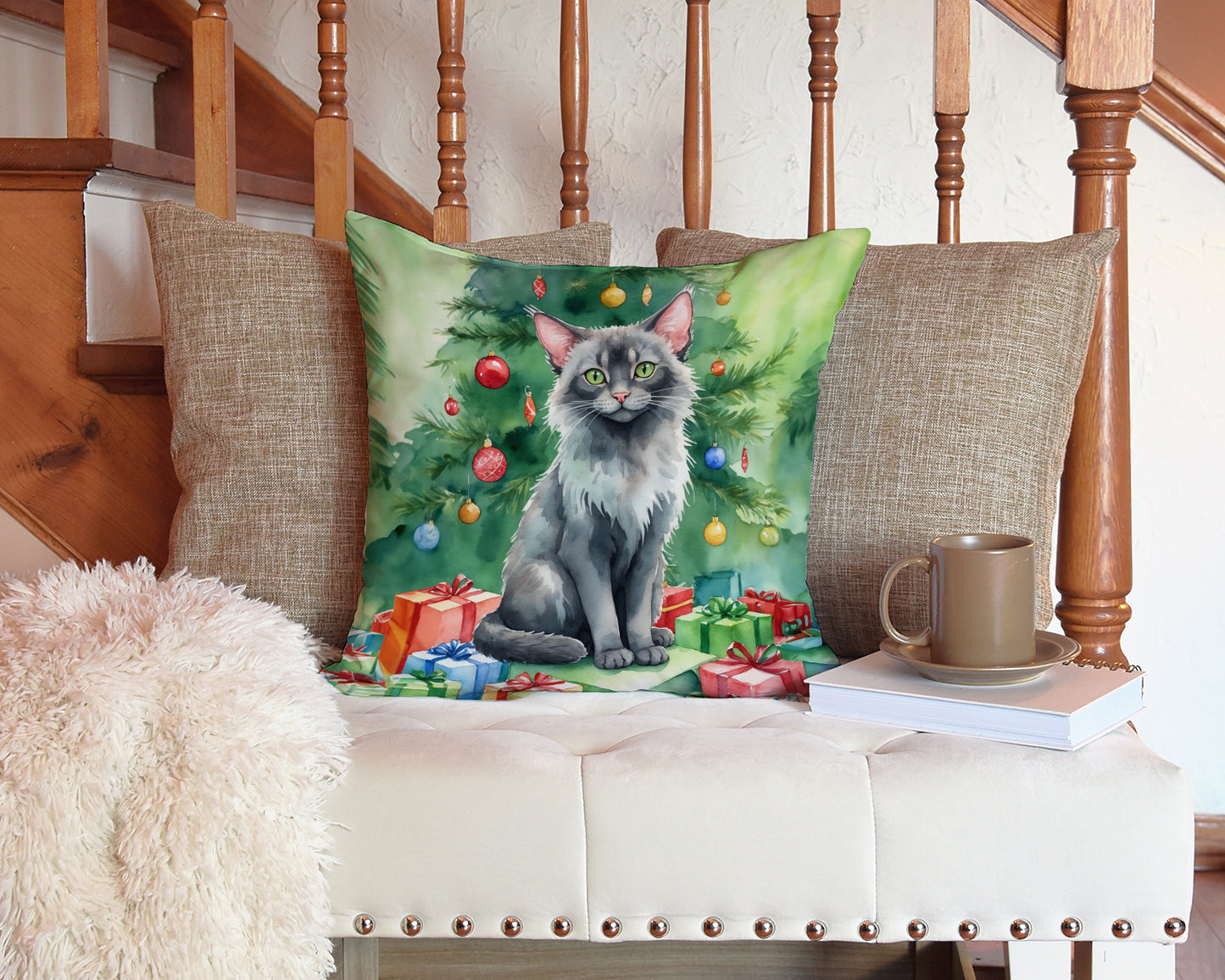 Lykoi Cat By the Christmas Tree Throw Pillow