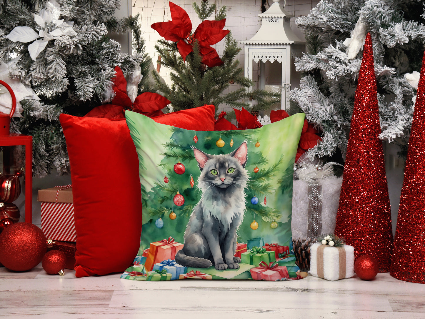 Lykoi Cat By the Christmas Tree Throw Pillow