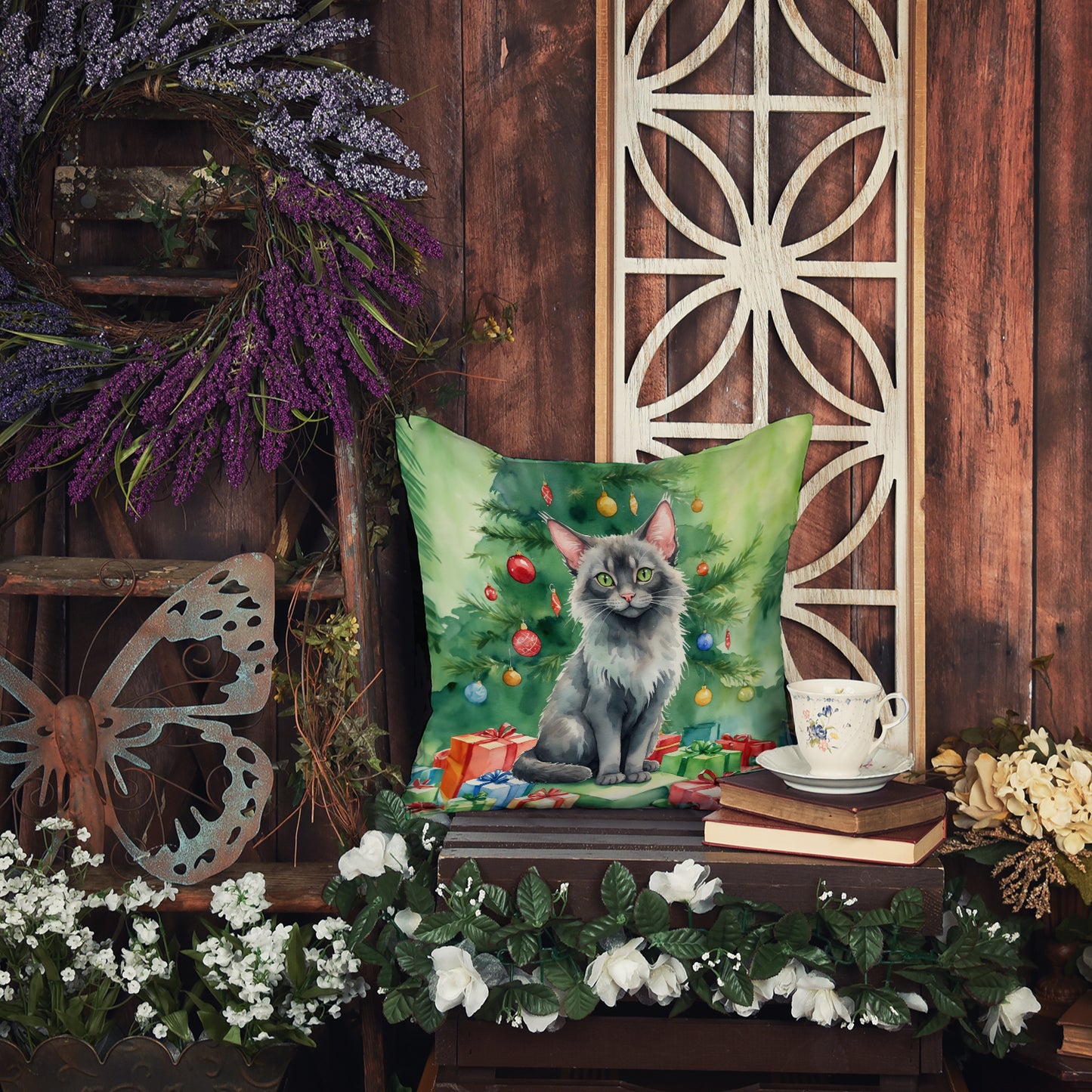 Lykoi Cat By the Christmas Tree Throw Pillow