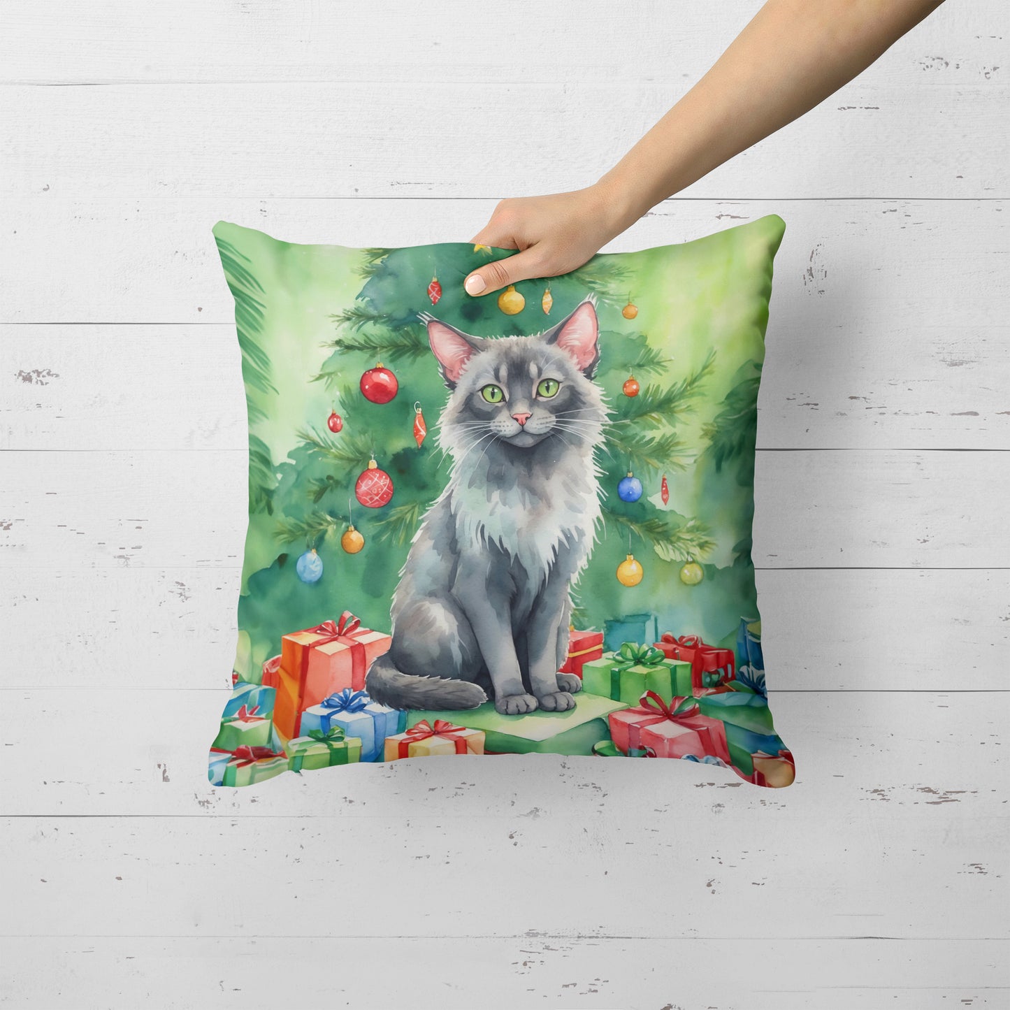 Lykoi Cat By the Christmas Tree Throw Pillow