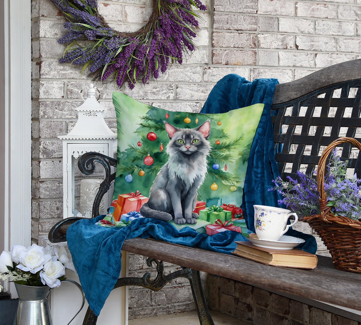 Lykoi Cat By the Christmas Tree Throw Pillow