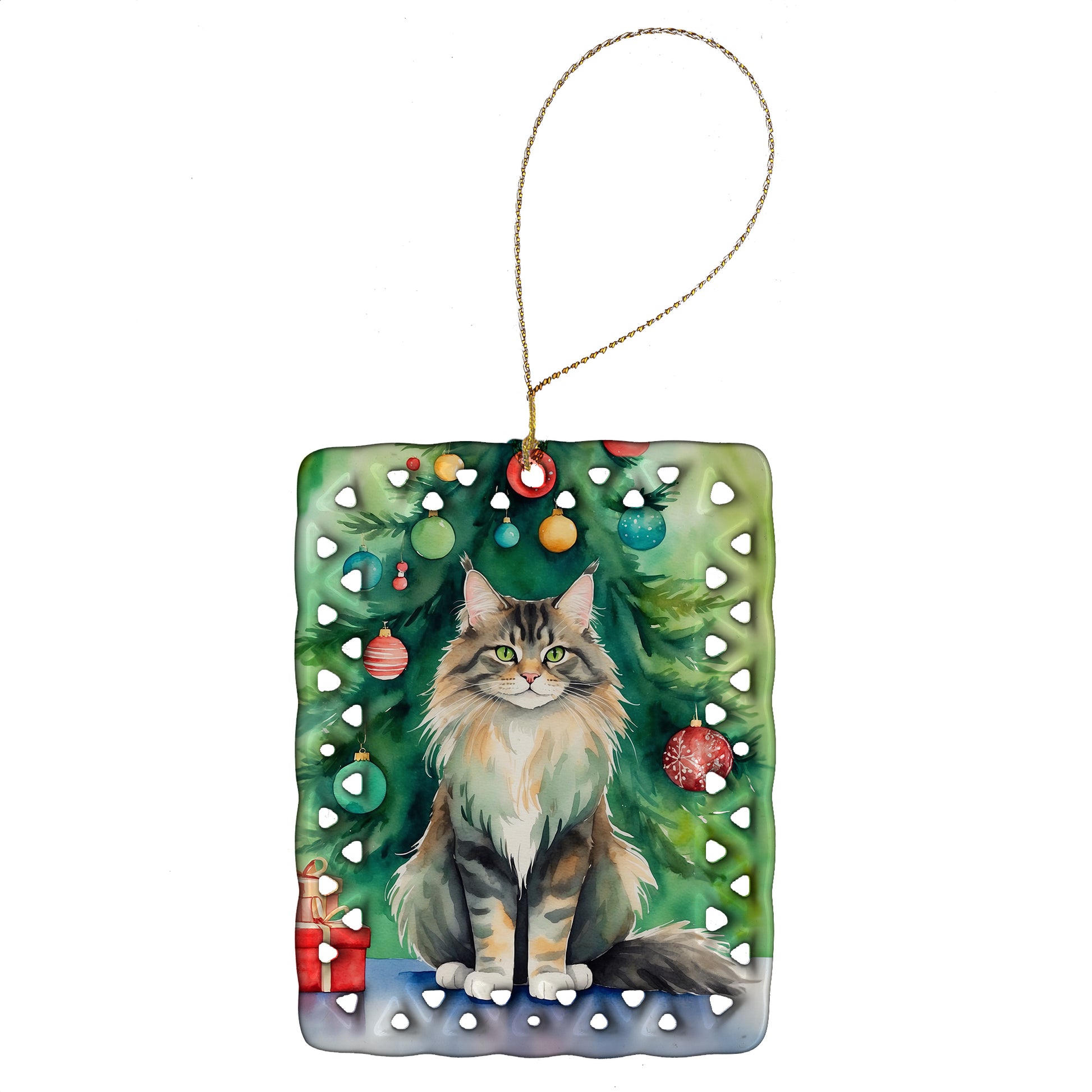 Buy this MaineCoon Cat By the Christmas Tree Porcelain Ornament