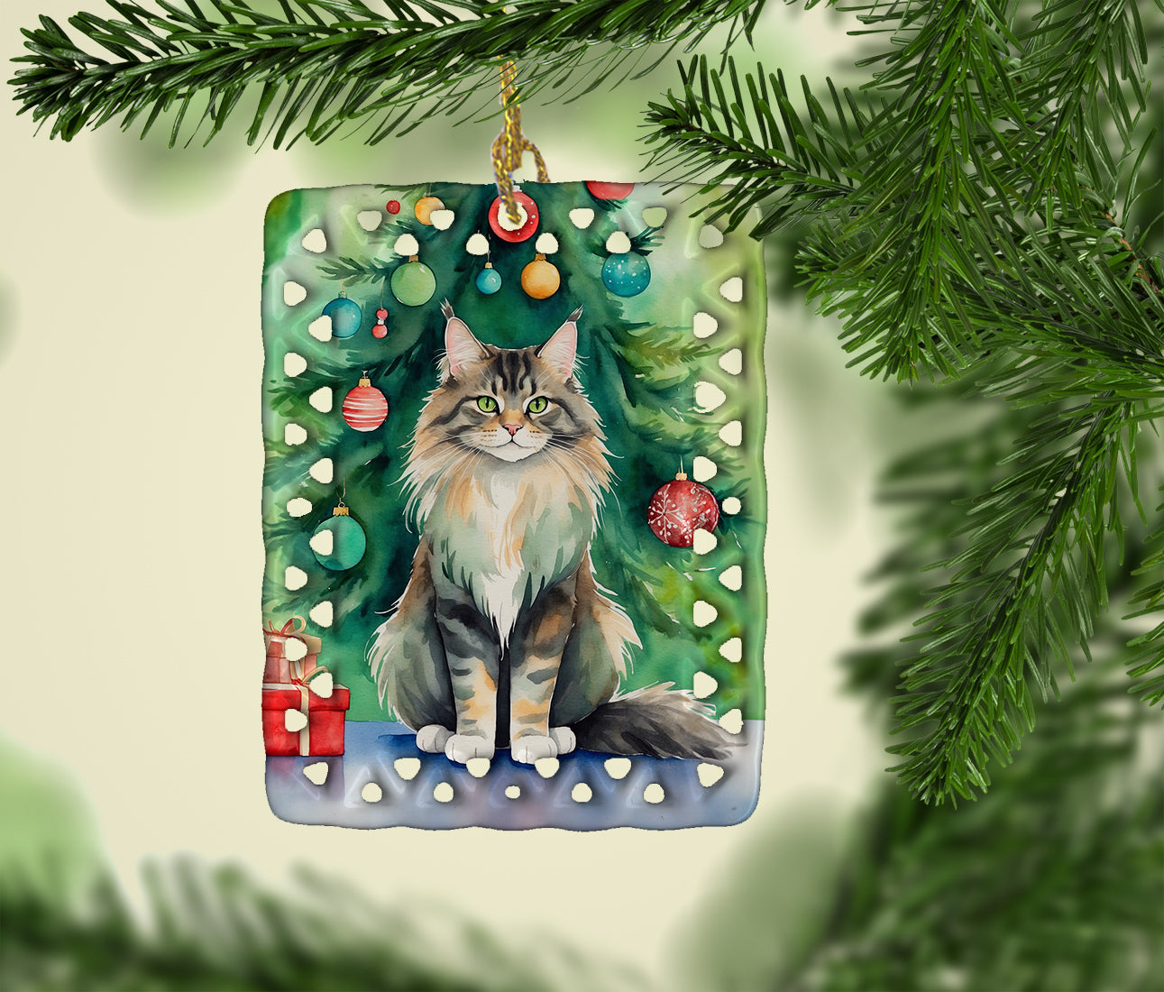 MaineCoon Cat By the Christmas Tree Porcelain Ornament