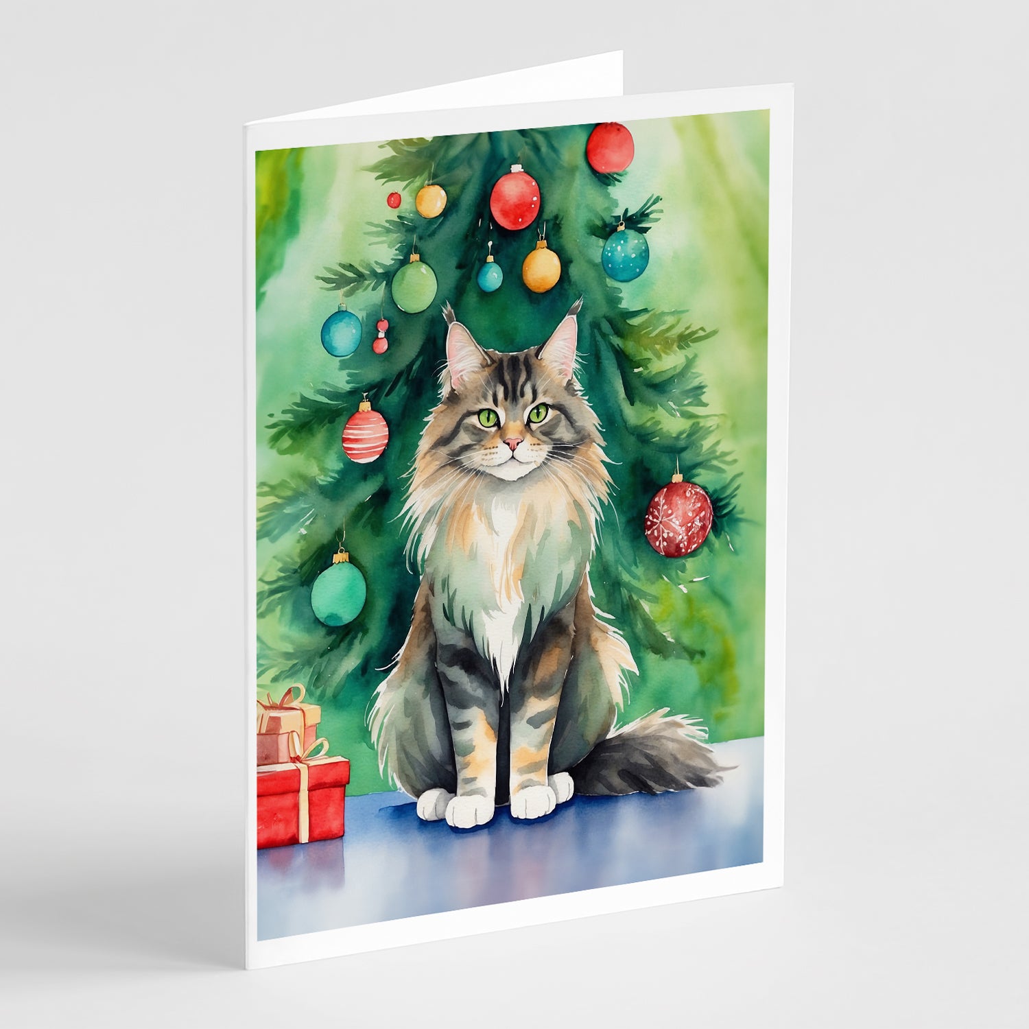 Buy this MaineCoon Cat By the Christmas Tree Greeting Cards Pack of 8