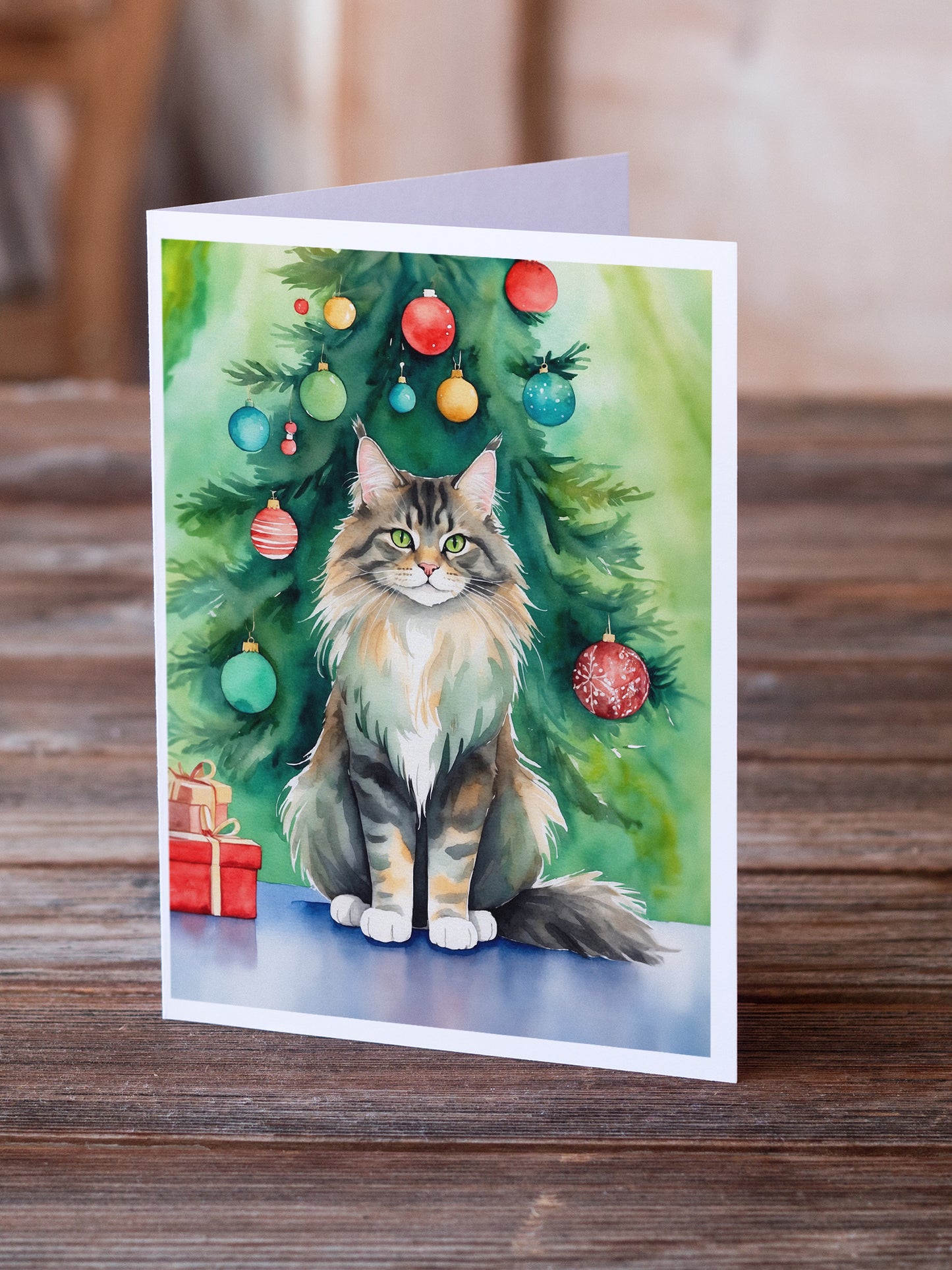 MaineCoon Cat By the Christmas Tree Greeting Cards Pack of 8