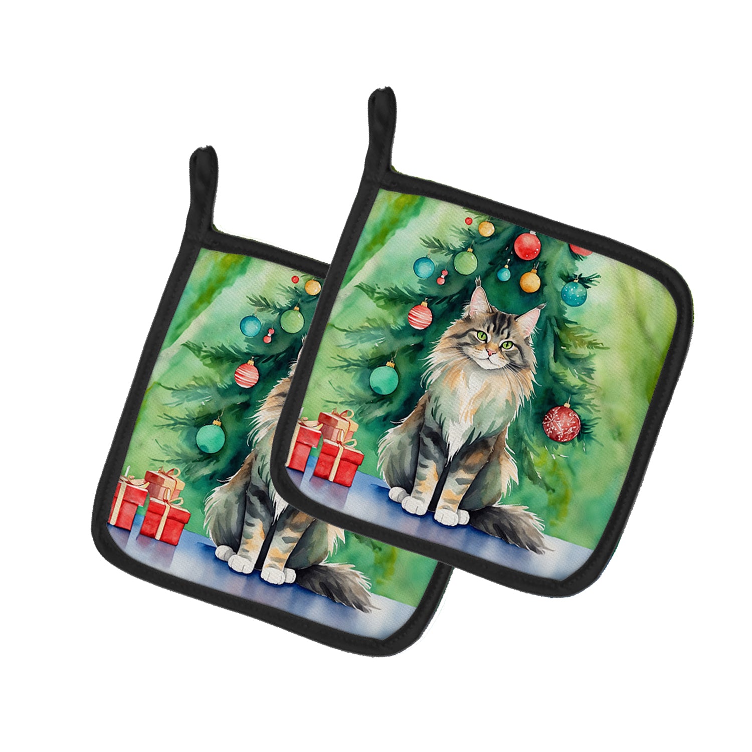 Buy this MaineCoon Cat By the Christmas Tree Pair of Pot Holders