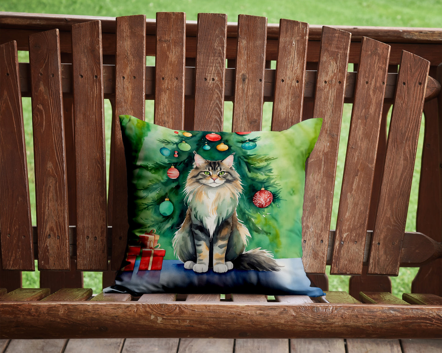 MaineCoon Cat By the Christmas Tree Throw Pillow