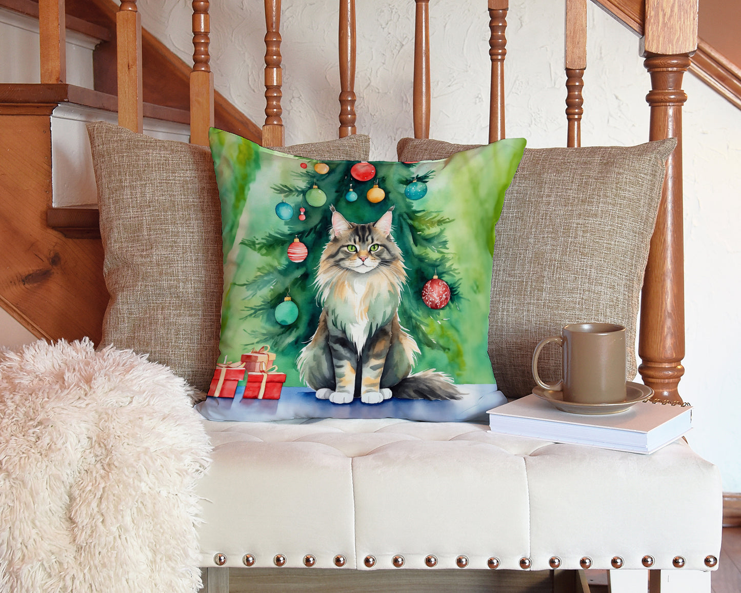 MaineCoon Cat By the Christmas Tree Throw Pillow