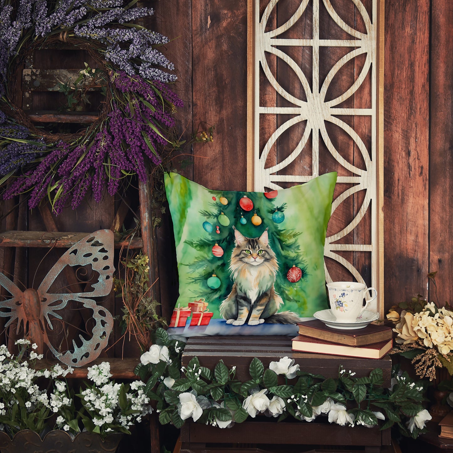 MaineCoon Cat By the Christmas Tree Throw Pillow