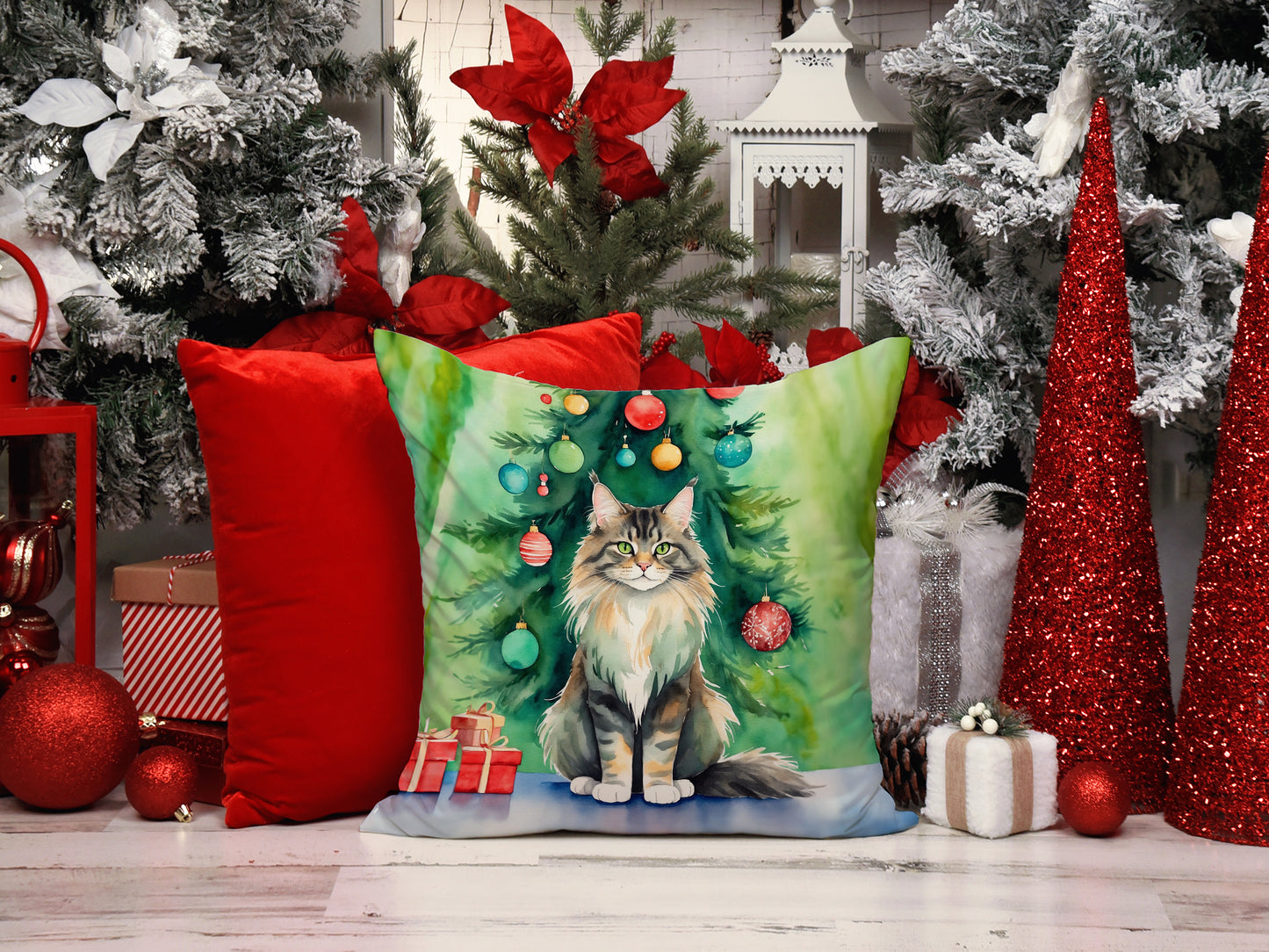 MaineCoon Cat By the Christmas Tree Throw Pillow