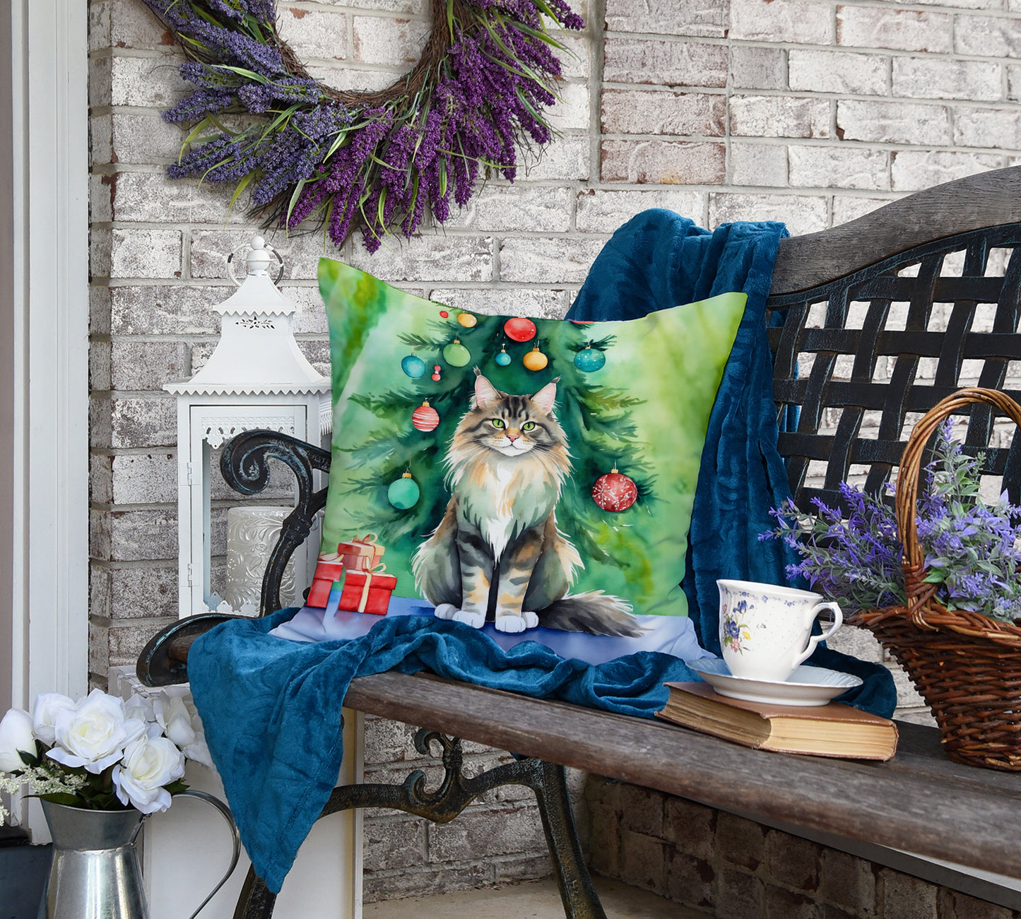 MaineCoon Cat By the Christmas Tree Throw Pillow