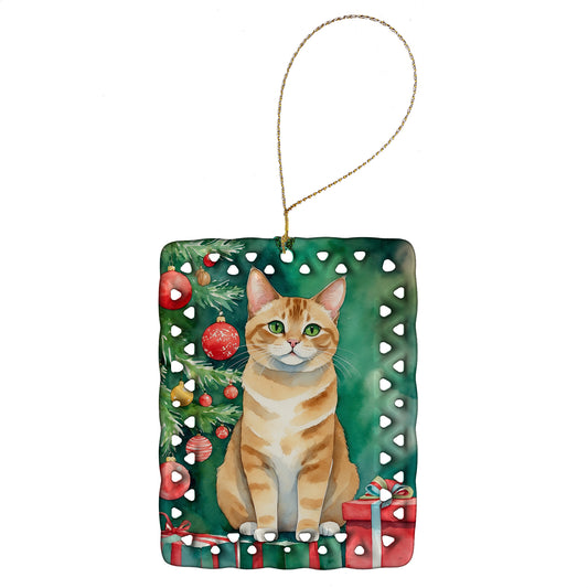 Buy this Malayan Cat By the Christmas Tree Porcelain Ornament