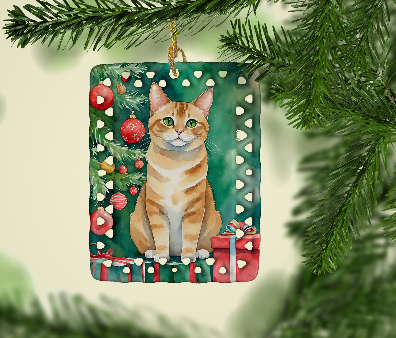 Malayan Cat By the Christmas Tree Porcelain Ornament
